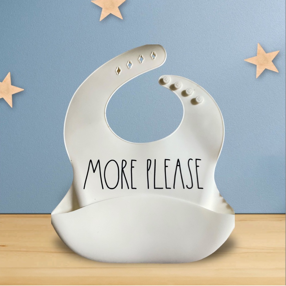 RAE DUNN Baby by Magenta 2 White Silicone Bibs with MORE PLEASE & SNACK TIME